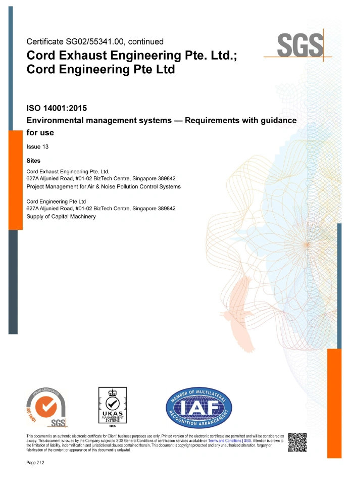 ISO 14001:2015 Environmental Management Systems certificate, page 2 of 2