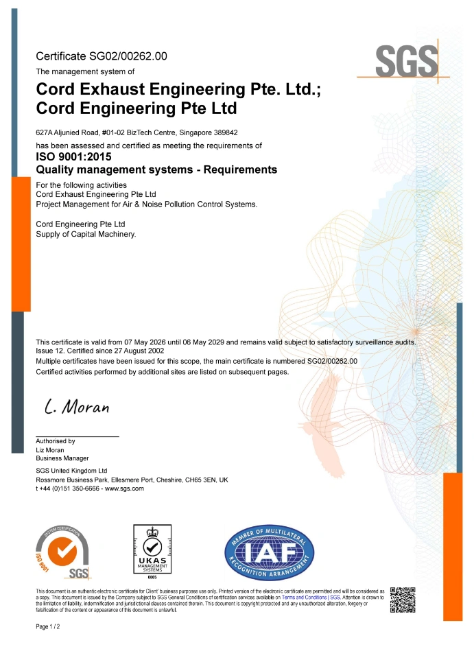 ISO 9001:2015 Quality Management Systems certificate, page 1 of 2